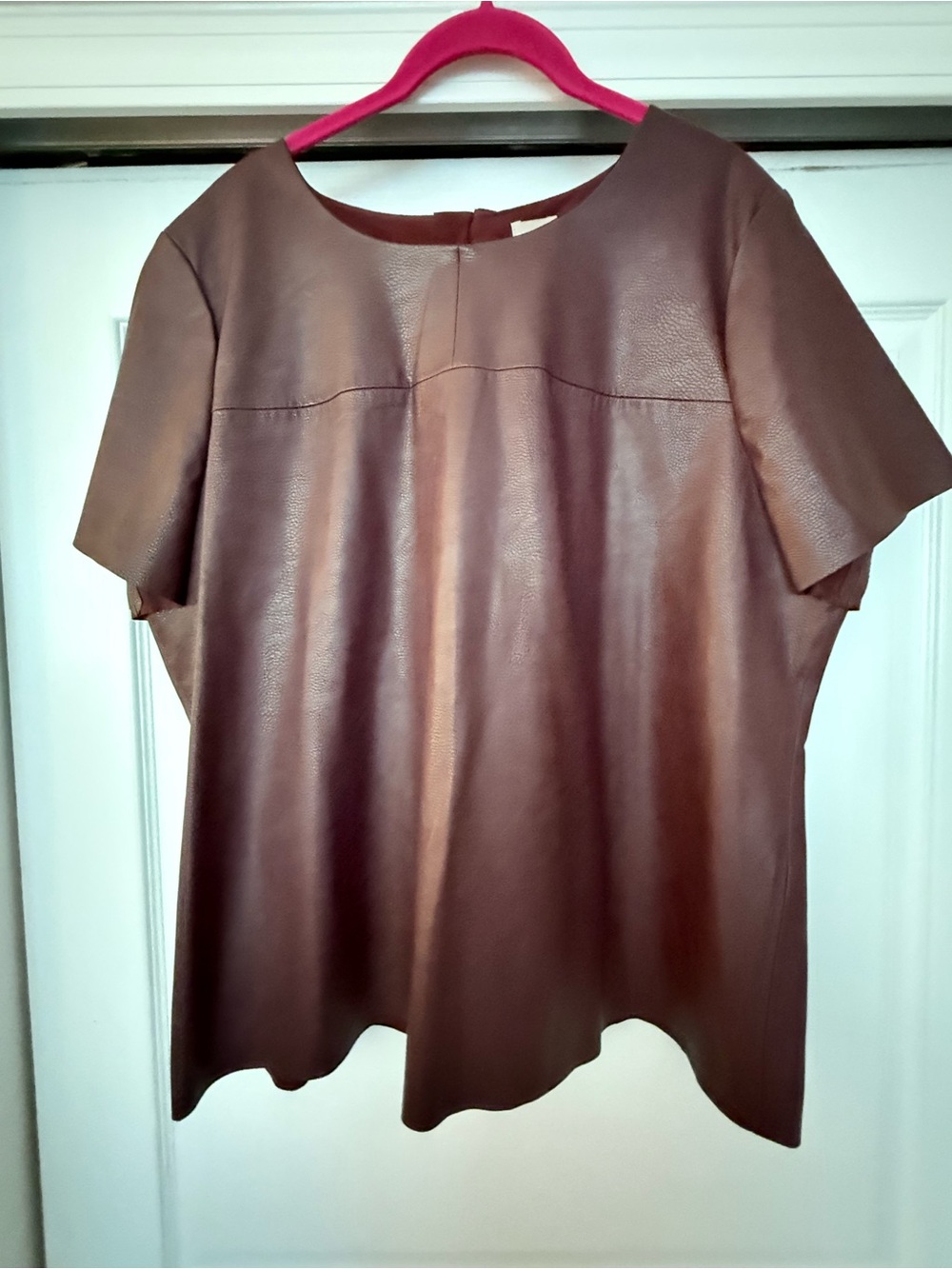 Chicos Vegan Leather Short Sleeve Top in Dark Burgundy